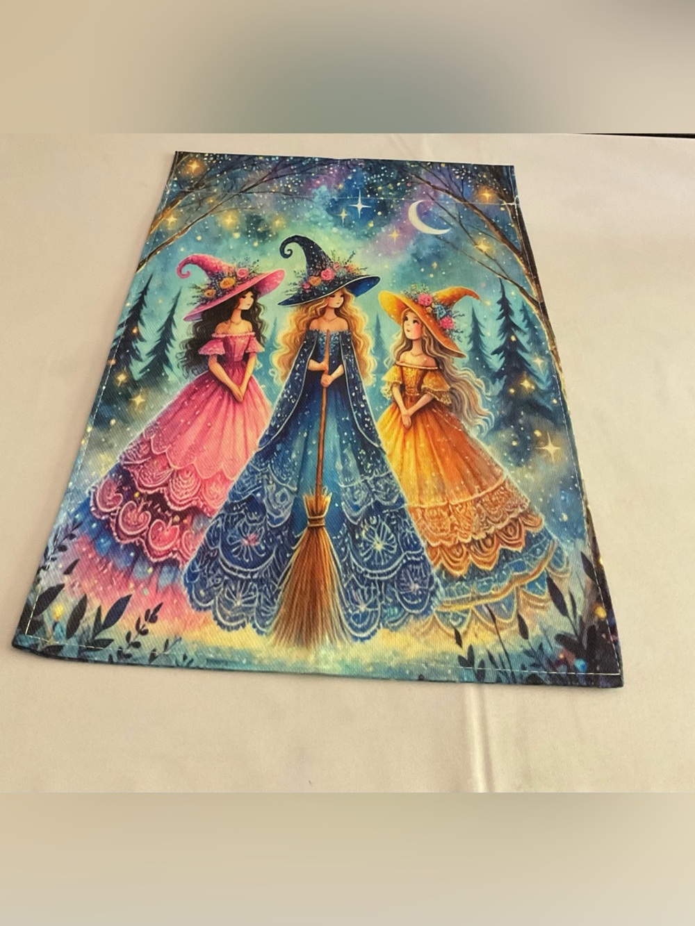 Enchanting Witch Trio Canvas Print Garden Flag - Blue, Pink & Orange
